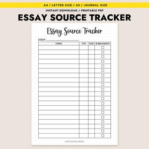 May include: A printable PDF essay source tracker with a white background. The document includes the title "Essay Source Tracker" and sections for essay, source, type, page, and bibliography. The top of the page has the text "A4 / Letter Size / A5 / Journal Size".