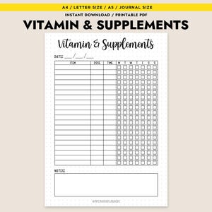 Puede incluir: Plantilla imprimible de seguimiento de vitaminas y suplementos con un diseño en blanco y negro. El seguimiento incluye una sección para la fecha, el artículo, la dosis, la hora y una cuadrícula para realizar un seguimiento de la ingesta diaria. También hay una sección para notas.