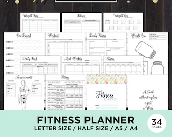 Fitness Planner Printable Health Planner Fitness Journal Printable Workout Log Food Diary Calorie Tracker Daily Weight Loss Exercise Inserts