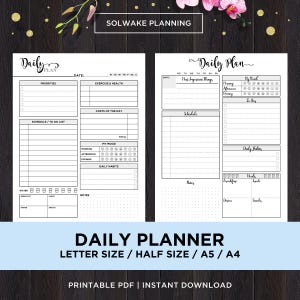 May include: A black and white printable daily planner with sections for priorities, exercise and health, costs of the day, schedule, mood, daily habits, notes, meals, and more. The planner is designed for letter size paper.