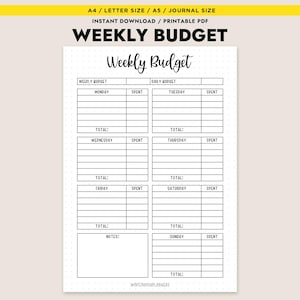 Pode incluir: Um planejador de or&ccedil;amento semanal em PDF imprim&iacute;vel com fundo branco e texto preto. O planejador inclui se&ccedil;&otilde;es para cada dia da semana, com espa&ccedil;os para rastrear gastos e totais. O t&iacute;tulo "Weekly Budget" &eacute; exibido no topo.