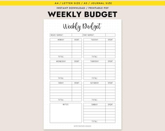 Puede incluir: Un planificador de presupuesto semanal en PDF imprimible con fondo blanco y texto negro. El planificador incluye secciones para cada día de la semana, con espacios para rastrear gastos y totales. El título "Weekly Budget" se muestra en la parte superior.