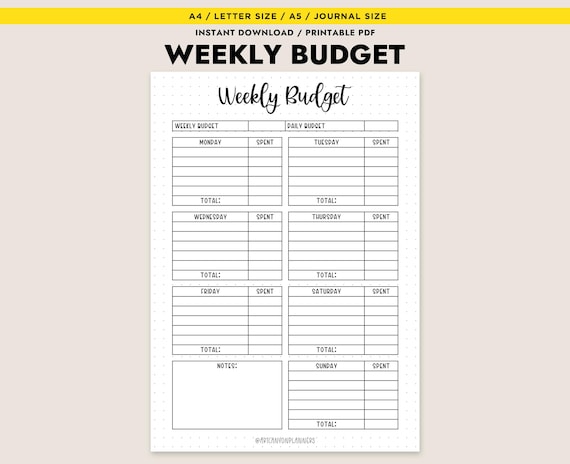 Weekly Budget Planner Printable A4 Letter A5 Journal Size Instant Download Spending Tracker