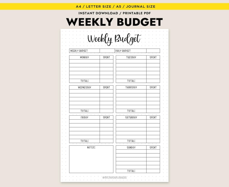 Pode incluir: Um planejador de or&ccedil;amento semanal em PDF imprim&iacute;vel com fundo branco e texto preto. O planejador inclui se&ccedil;&otilde;es para cada dia da semana, com espa&ccedil;os para rastrear gastos e totais. O t&iacute;tulo "Weekly Budget" &eacute; exibido no topo.