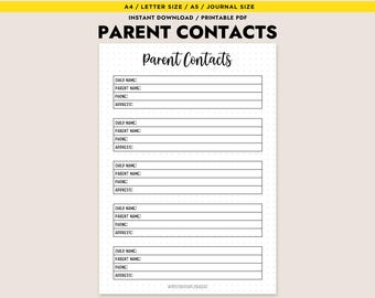 Parent Contact List Printable Teacher Student Information Sheet Daycare Emergency Log A4 Letter PDF
