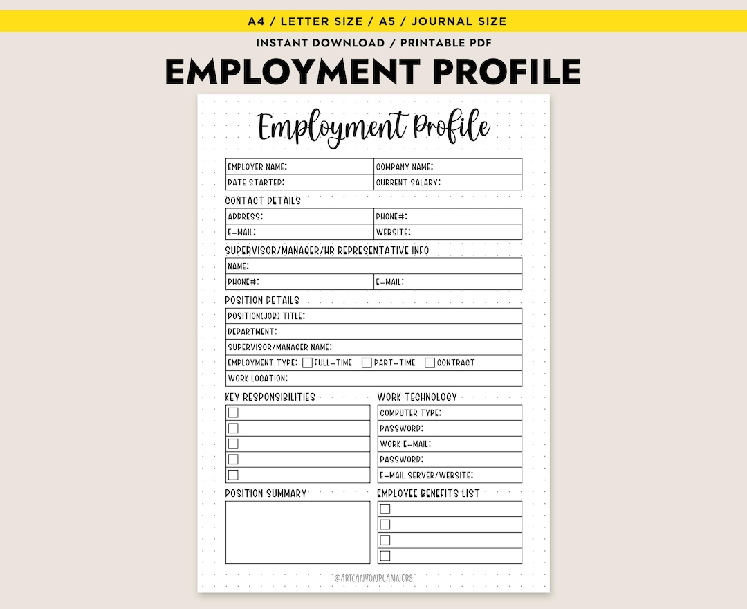 Employment Profile Printable HR Template Employee Information Form Job ...