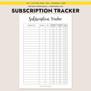 Abonnement Tracker Druckbare A4 Letter A5 Journal Größe Sofortiger Download Digitaler Planer