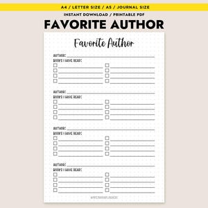 Könnte beinhalten: Eine druckbare PDF-Journalseite mit dem Titel "Lieblingsautor", entworfen, um Lieblingsautoren und gelesene Bücher aufzulisten. Die Seite enthält Abschnitte für Autorennamen und Buchtitel mit Kontrollkästchen zur Verfolgung des Fortschritts.