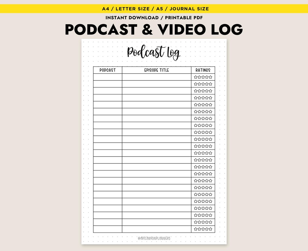 Podcast Video Log Printable Tracker Journal A4 A5 Letter PDF Instant ...