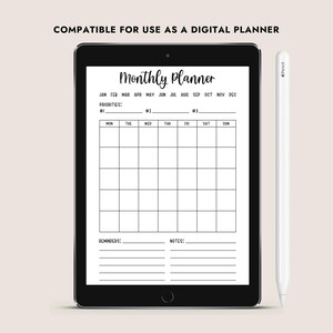 May include: A black tablet displaying a digital monthly planner with a white stylus. The planner includes sections for priorities, reminders, and notes. Text at the top reads "COMPATIBLE FOR USE AS A DIGITAL PLANNER" and "Monthly Planner".