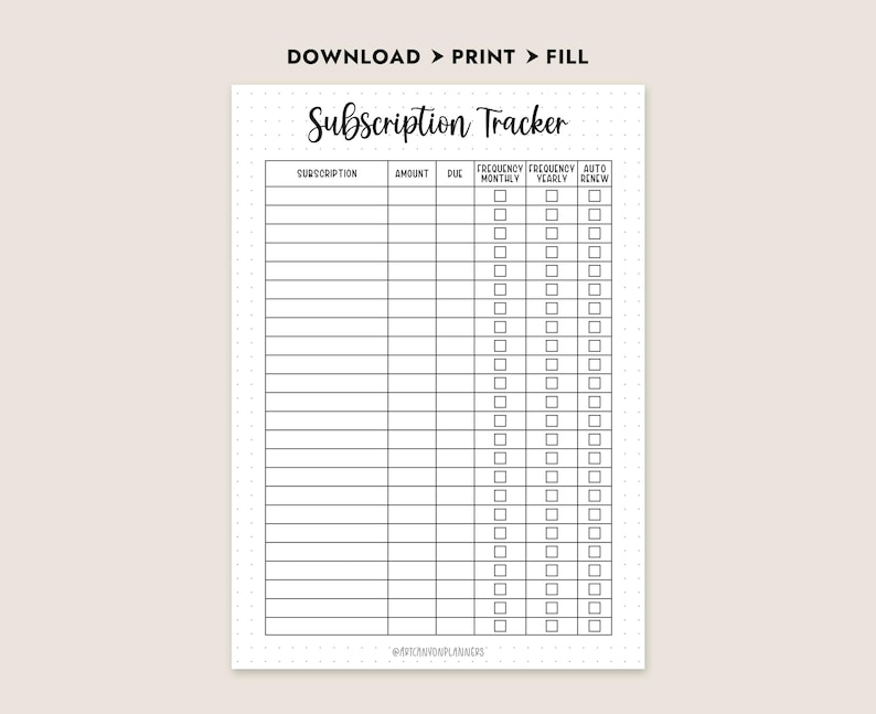 Subscriptions Printable Subscription Tracker Printable A4 Letter A5 Journal PDF Instant ...