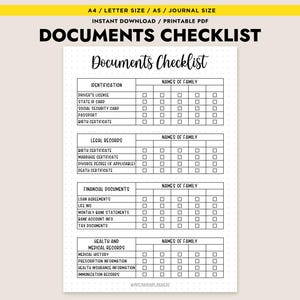 May include: A printable documents checklist titled "Documents Checklist". The checklist is divided into sections for identification, legal records, financial documents, and health records, with checkboxes for each item.
