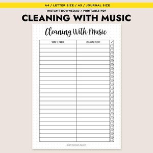 May include: A printable PDF planner titled "Cleaning With Music." The design features a grid with columns for "Song/Track" and "Cleaning Task," along with checkboxes. The title is in a handwritten style font. The planner is designed for A4/Letter and A5/Journal sizes.