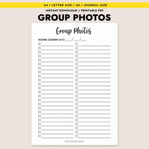 May include: A printable PDF document with the title "GROUP PHOTOS" in bold, black letters. The document includes a section for the wedding ceremony date and a list of checkboxes for group photos. The document is designed for A4/Letter size and A5/Journal size.