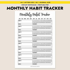 Peut inclure: Un suivi d'habitudes mensuel imprimable avec un design noir et blanc. Le suivi comporte des espaces pour écrire les habitudes, les objectifs et les récompenses. Le suivi comprend une grille de calendrier pour chaque mois de l'année.