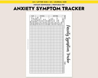 May include: Black and white printable anxiety symptom tracker with columns for sleep, physical, emotional, and monthly symptoms. The tracker includes a section for the year and month.