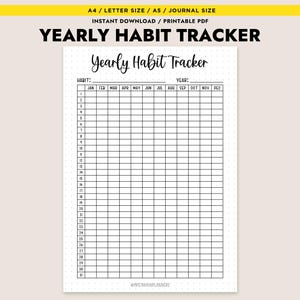 May include: A printable yearly habit tracker with a grid layout. The top of the page features the text "YEARLY HABIT TRACKER" in bold, black letters. Below, the words "Yearly Habit Tracker" are written in a cursive font. The tracker includes spaces for habits and months.