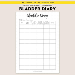 Może przedstawiać: Drukowany dziennik pęcherza moczowego w formacie PDF. Dokument zawiera sekcje dotyczące daty, godziny, wizyt w toalecie, wycieków, przyczyny, danych wejściowych i notatek. Tytuł "Bladder Diary" znajduje się na górze, z informacjami o rozmiarze na górze.