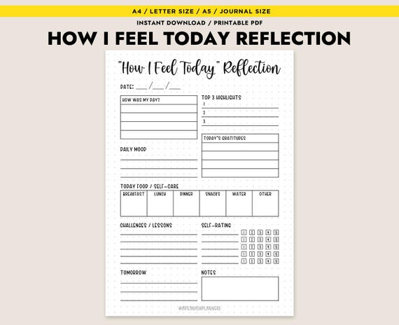 Daily Reflection Journal Page How I Feel Today Mood Tracker Printable A4 A5 Letter PDF Instant Download