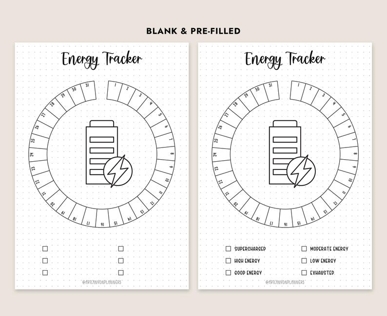 Może przedstawiać: Dwa białe arkusze śledzenia energii z czarną grafiką liniową. Każdy arkusz ma okrągły wskaźnik poziomu energii z baterią i błyskawicą. Tekst "Energy Tracker" znajduje się na g&oacute;rze. Jeden arkusz jest pusty, drugi wstępnie wypełniony.