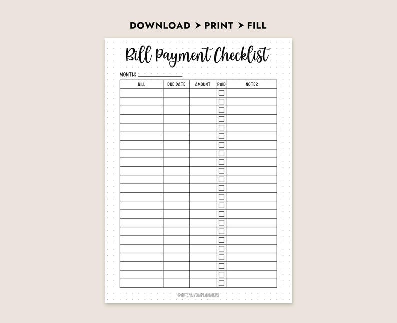 Bill Payment Checklist Printable A4 Letter A5 Journal Size Instant ...
