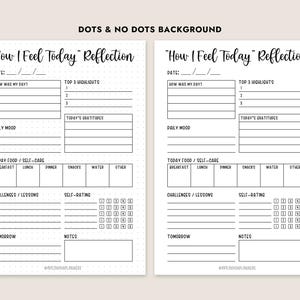 May include: A printable planner page with a dotted background. The page is titled "How I Feel Today" Reflection and includes sections for daily mood, top 3 highlights, today's gratitudes, today's food/self-care, challenges/lessons, self-rating, tomorrow, and notes.