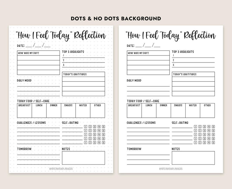 May include: A printable planner page with a dotted background. The page is titled "How I Feel Today" Reflection and includes sections for daily mood, top 3 highlights, today's gratitudes, today's food/self-care, challenges/lessons, self-rating, tomorrow, and notes.