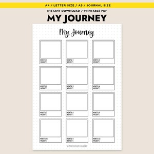 May include: Printable weight tracker with 12 blank photo frames for each month of the year. The text "My Journey" is at the top of the page.