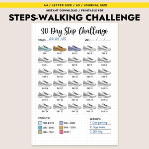 May include: A printable 30-day step challenge tracker with a color key and reward ideas. The tracker features a series of sneakers to color in based on the number of steps taken each day.  START: 03/04/25 END: