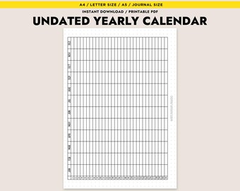 Calendario anual sin fecha, imprimible en PDF, descarga instantánea, tamaño A4, carta, A5, diario, planificador anual minimalista.