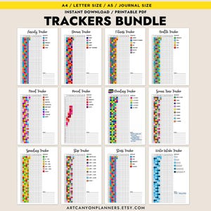 May include: Printable tracker bundle featuring 12 different trackers, including mood, period, fitness, health, screen time, water intake, sleep, spending, stress, reading, and dream trackers. Each tracker has a colourful grid with a different colour for each day of the month. The trackers are designed to help you track your progress and habits.