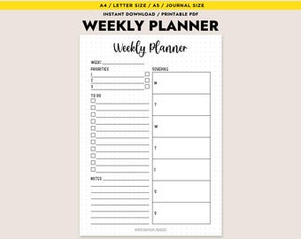 Weekly Planner Printable Digital Download A4 Letter A5 Journal Size Instant PDF Weekly Schedule Organizer To Do List