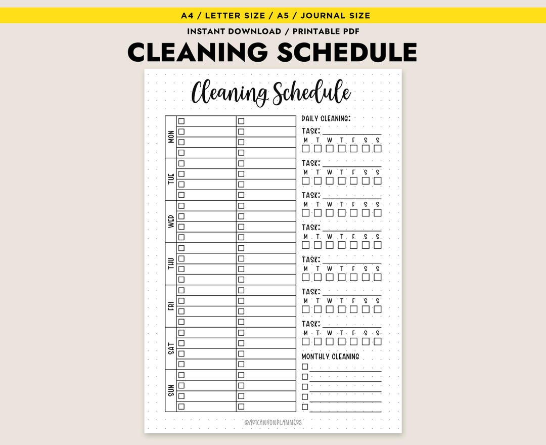 Printable Cleaning Schedule Weekly Planner Daily Chore Chart A4 Letter ...