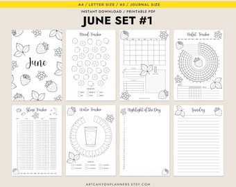 June Title Page Calendar Cover Page Printable Inserts Bullet Journal Bundle A4 A5 Half Size Letter Mood Tracker Habit Water Sleep Tracker