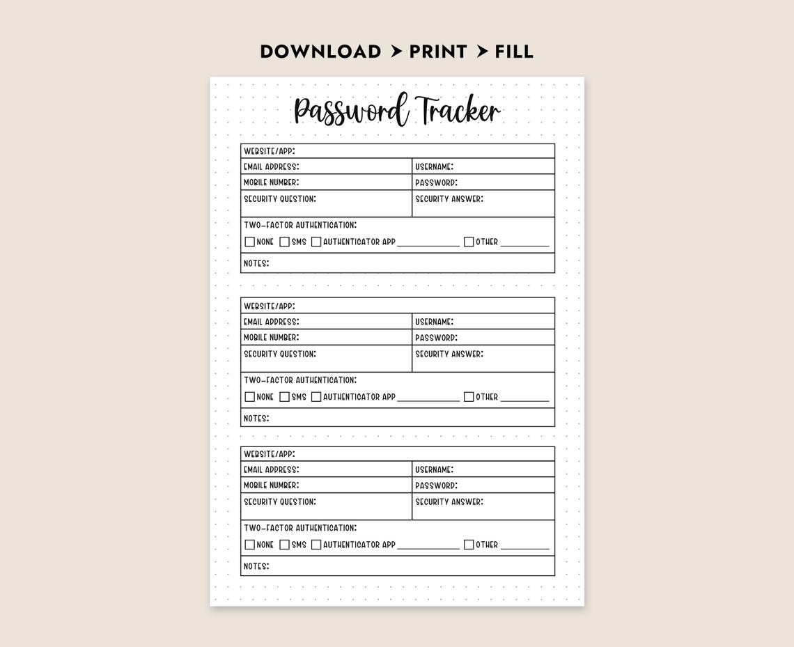 Password Tracker Printable Journal Page Password Log Password Organizer ...