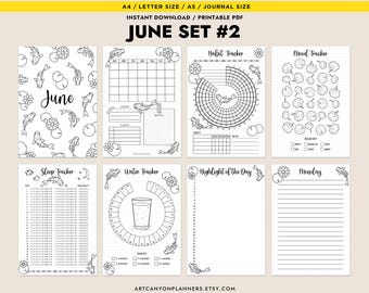 June Title Page Calendar Cover Page Printable Inserts Bullet Journal Bundle A4 A5 Half Size Letter Mood Tracker Habit Water Sleep Tracker