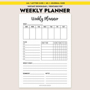 Weekly Planner Printable A4 Letter A5 Journal Size Instant Download To Do List Task Tracker Goals