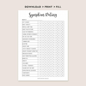 May include: A printable symptom rating chart with a grid for tracking various symptoms, including hot flushes, night sweats, and mood swings. The chart is designed to be downloaded, printed, and filled in.