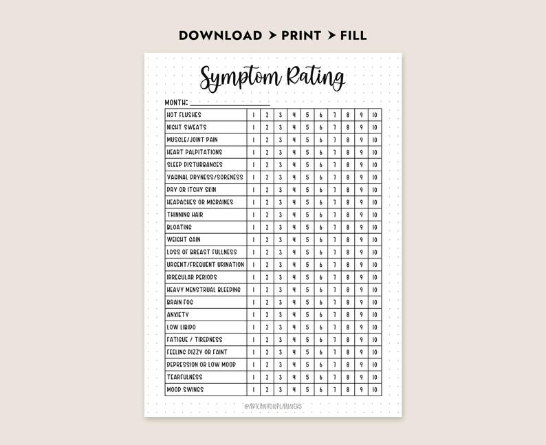 May include: A printable symptom rating chart with a grid for tracking various symptoms, including hot flushes, night sweats, and mood swings. The chart is designed to be downloaded, printed, and filled in.