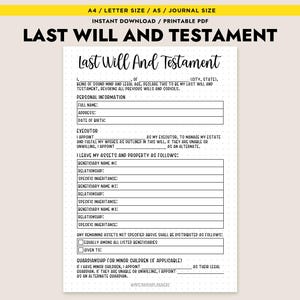 May include: A printable PDF document titled "Last Will and Testament." The document is a fill-in-the-blank template with sections for personal information, beneficiaries, and asset distribution. The document is designed for A4, Letter, A5, and Journal sizes.