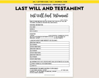 Printable Last Will and Testament Template PDF Instant Download Estate Planning Form A4 A5 Letter Size