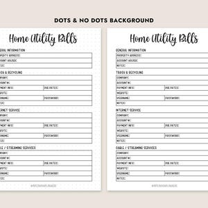 May include: Two printable planner pages titled "Home Utility Bills" with sections for general information, trash & recycling, internet service, and cable/streaming services. The pages are on a dotted and a plain background.