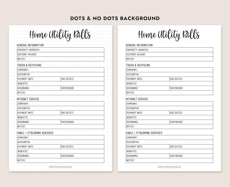 May include: Two printable planner pages titled "Home Utility Bills" with sections for general information, trash & recycling, internet service, and cable/streaming services. The pages are on a dotted and a plain background.