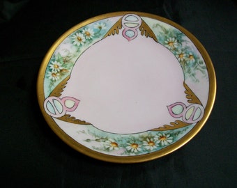 Antique Limoges France Superieur Plates Set of 4 Rare 1910s Arts and Crafts Motif Green Yellow Daisy on White Porcelain Dessert Plates