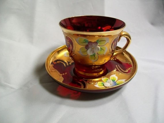 Vintage Italy Venetian Glass Cup Saucer Set Ruby Red Heavily Etsy