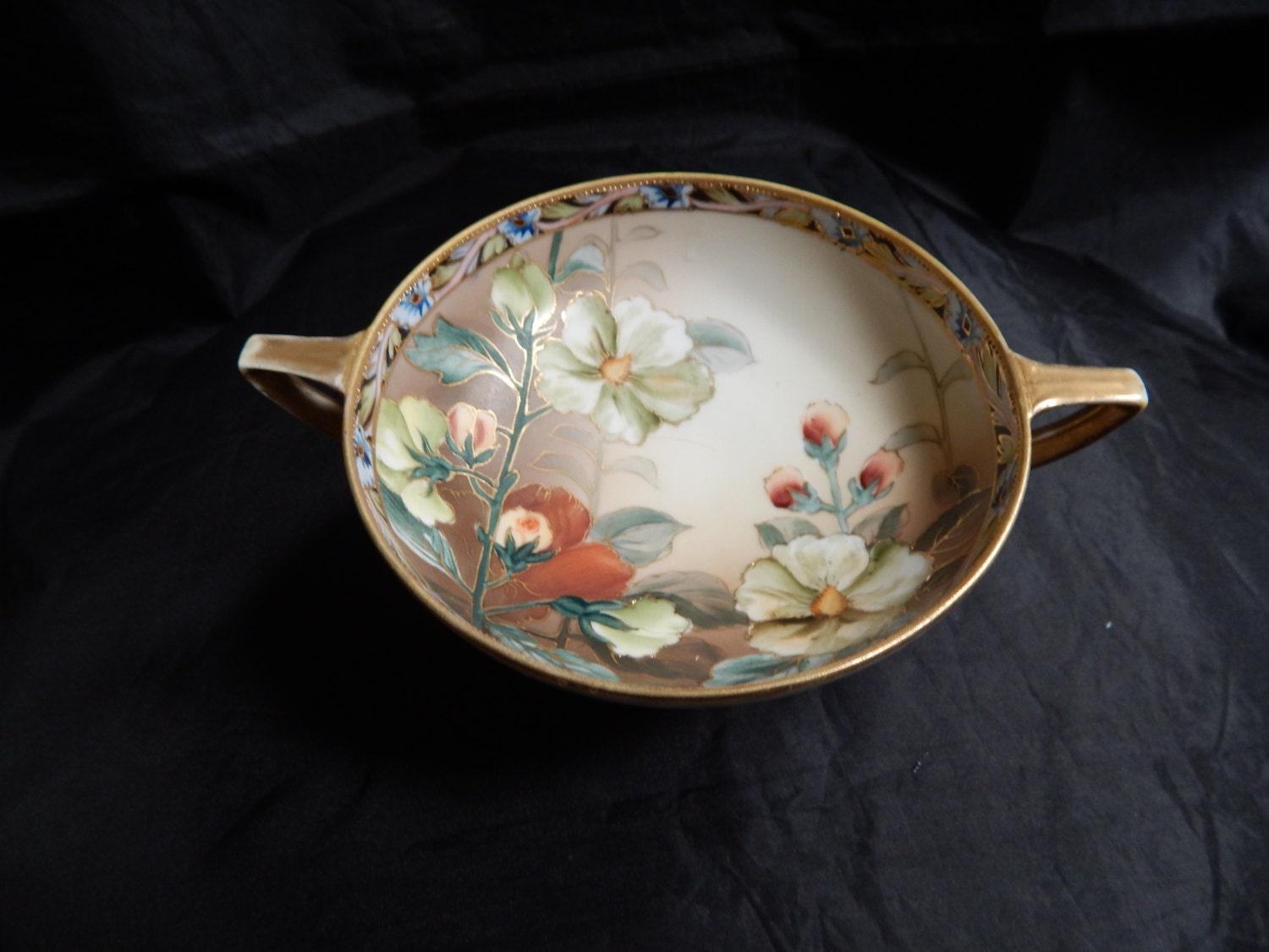 Nippon 2 Handled Footed Bowl Beautifully Hand Painted With Large