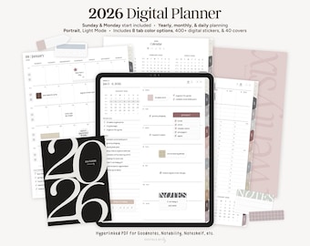 2026 Digital Planner, Portrait | Hyperlinked iPad Planner, Goodnotes Planner, Notability Planner, Minimalist Monthly Weekly Daily Planner