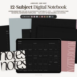 Digitaal notitieboek met 12 onderwerpen, donkere modus, liggend | Minimalistisch digitaal tijdschrift met hyperlinks, Goodnotes-notitieblok, notitiepapiersjabloon