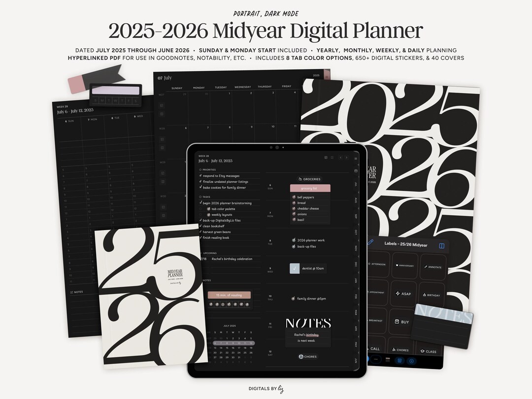 Dark Mode 2025-2026 Midyear Digital Planner, Portrait Hyperlinked iPad ...