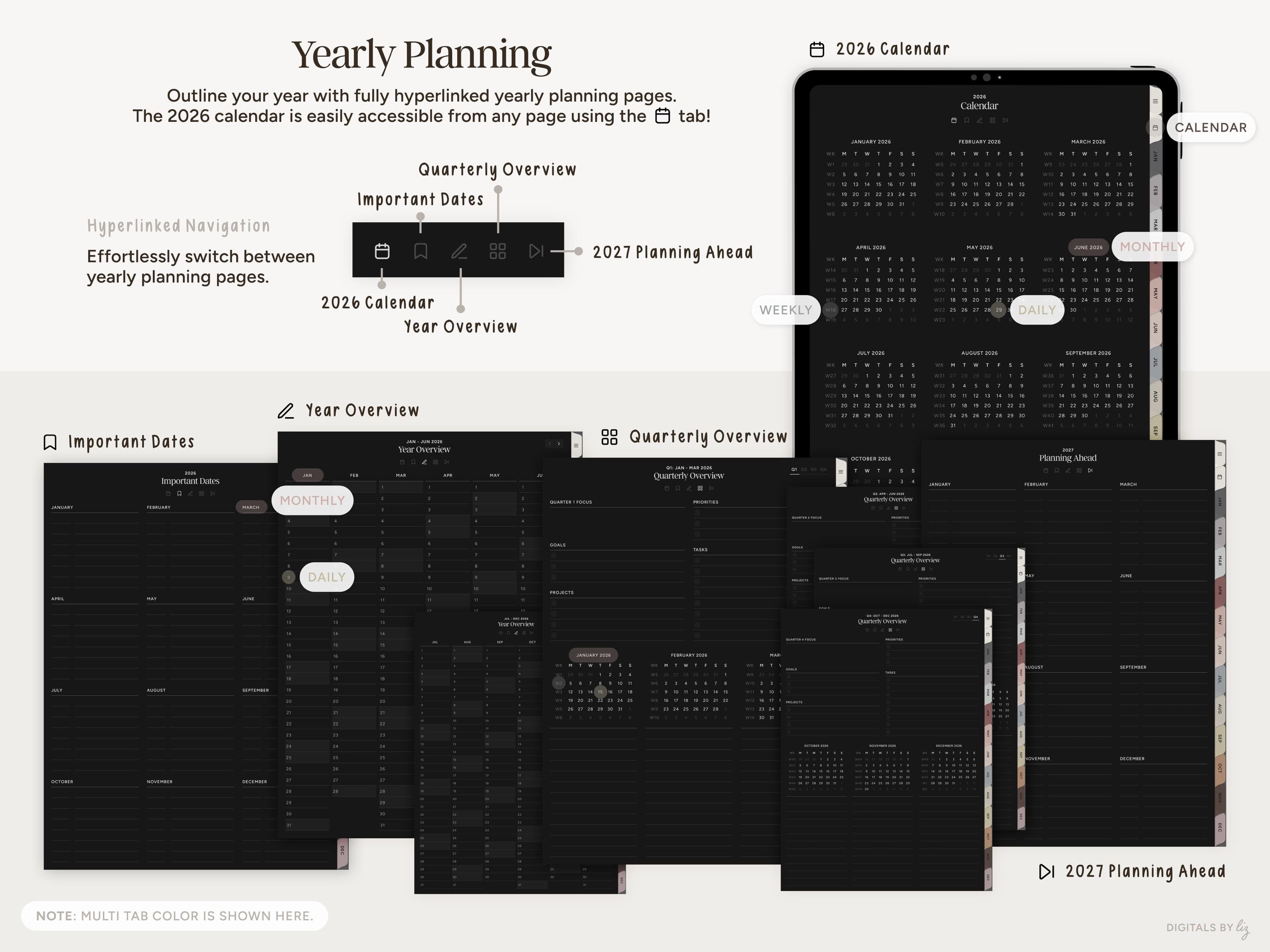 2026 Dark Mode Digital Planner, Portrait | Hyperlinked iPad Planner ...